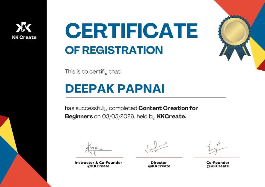 KK Create certificate of registration for Content Creation for Beginners