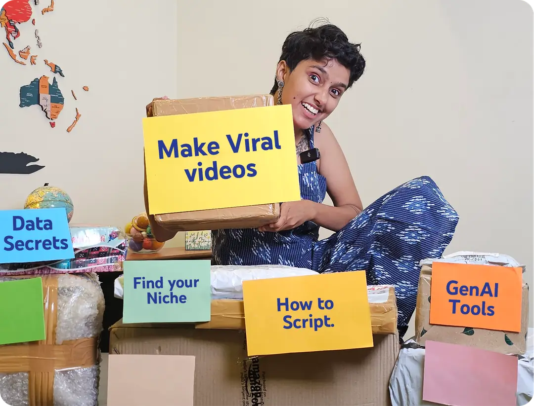 Kavya with boxes labelled Make Viral videos, Find your Niche, How to Script, GenAI Tools and Data Secrets